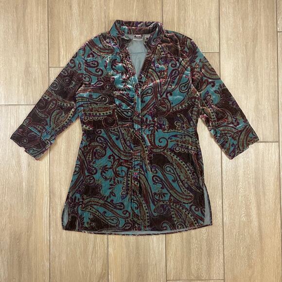 Chico’s 1 Velvet Paisley Tunic Top Blouse Multicolor Long Sleeve Boho Art Wear - Picture 1 of 6
